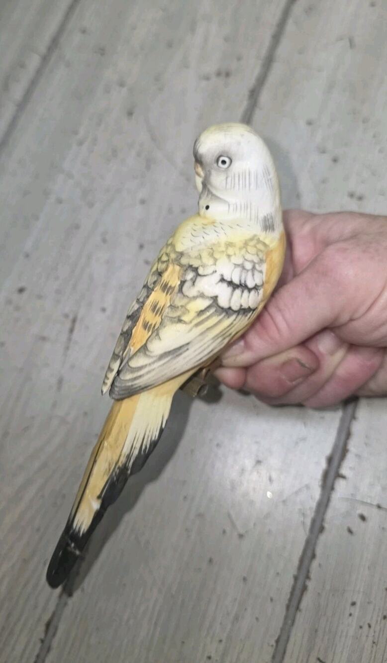 Vintage 1950’s Porcelain Clip On Yellow Parakeet Bird Ornament Figurine